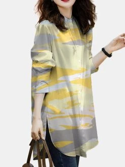 Tie Dye Loose Slit Hem Button Front Stand Collar Blouse