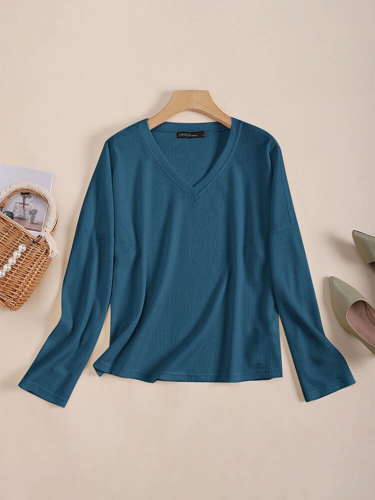 Solid Long Sleeve V-neck Casual T-shirt For Women 1 Solid Long Sleeve V-neck Casual T-shirt For Women