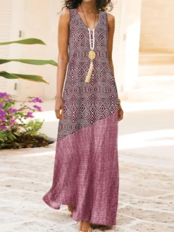 Leisure Geo Pattern Patchwork V-neck Sleeveless Maxi Dress