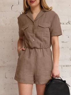 Solid Pocket Button Front Short Sleeve Lapel Cargo Romper -Zanzea Shop f5d3b204 3e26 42d6 92e8 80ac5f9ae257