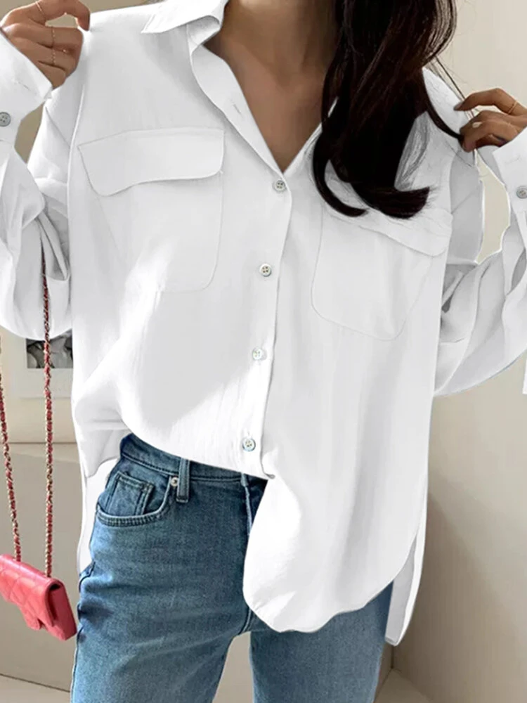 Solid Button Lapel Pocket Long Sleeve Shirt 4 Solid Button Lapel Pocket Long Sleeve Shirt - Image 4