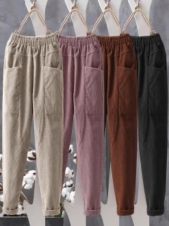 Corduroy Pocket Elastic Waist Casual Pant -Zanzea Shop f5dc7587 d3d2 40eb 8d30 9a21f4f6e836