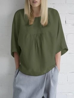 Women Solid Pleated Crew Neck Cotton 3/4 Sleeve Blouse -Zanzea Shop f62e7245 778c 4e2b b672 3f87dc756187
