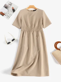Women Solid Double Pocket Casual Short Sleeve Dress -Zanzea Shop f644e81d a3d9 4007 8a0d ac22095a9c60