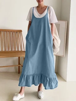 Solid Ruffle Hem Sleeveless Strap Denim Maxi Dress