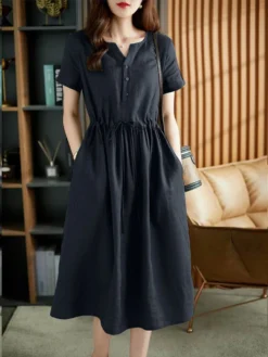 Solid Pocket Drawstring Waist Button Short Sleeve Dress -Zanzea Shop f678b95b 2b7a 4ebe 8ae5 e1b06c34a848