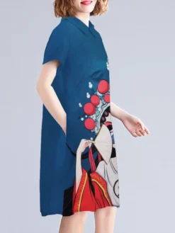 Peking Opera Pattern Pocket Short Sleeve Midi Dress -Zanzea Shop f6d3ff9b cf92 4339 a2f0 c7a26618f9ec