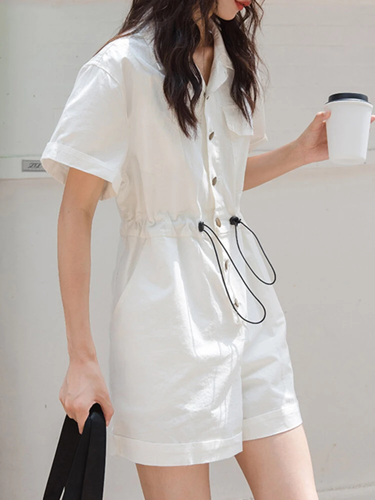 Solid Drawstring Waist Pocket Lapel Short Sleeve Cargo Romper 2 Solid Drawstring Waist Pocket Lapel Short Sleeve Cargo Romper - Image 2