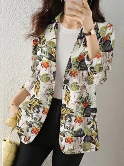 Plants Print Long Sleeve Lapel Blazer For Women