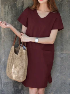 Solid Pocket Slit Hem V-neck Short Sleeve Vintage Dress 17 Solid Pocket Slit Hem V-neck Short Sleeve Vintage Dress -Zanzea Shop f6e634b1 4550 45e0 b666 02b049a02672