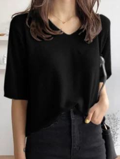 Casual Solid Knit Half Sleeve V-neck Casual T-shirt -Zanzea Shop f72c2723 ed2d 481a 870b fc24bbf59d21