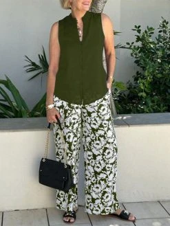 Women Solid Stand Collar Sleeveless Tank & Print Pants Co-ords 11 Women Solid Stand Collar Sleeveless Tank & Print Pants Co-ords -Zanzea Shop f72fa033 5ae0 487f 8a99 b872ef739586