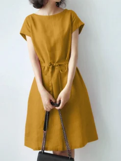 Solid Pocket Short Sleeve Crew Neck Dress With Belt -Zanzea Shop f74f9909 ae9a 46e1 828f 7b30209a3b41