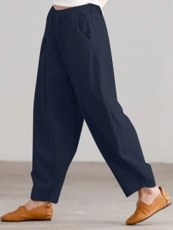 Women Solid Pleated Cotton Casual Elastic Waist Pants -Zanzea Shop f75d2dff b596 4fbb b09a a5d4ff170311