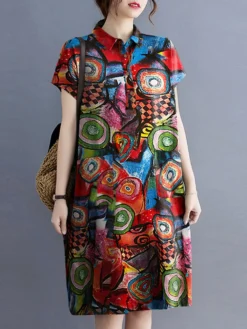 Abstract Painted Button Lapel Short Sleeve Print Midi Dress