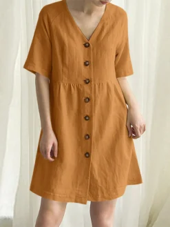 Cotton Solid Button Short Sleeve V-neck Casual Dress -Zanzea Shop f7a3da22 eb08 41f4 a57f 9af0f4241a43