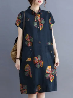 Flower Print Button Pocket Casual Cotton Midi Dress