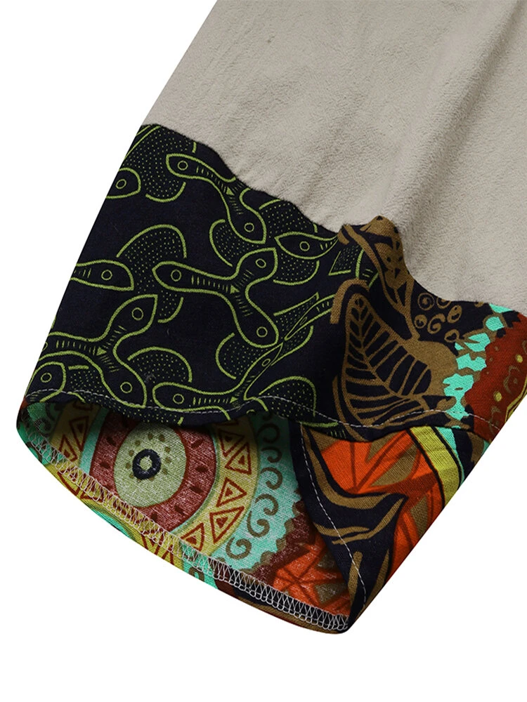 Vintage Print Patchwork Elastic Waist Pockets Plus Size Pants 6 Vintage Print Patchwork Elastic Waist Pockets Plus Size Pants - Image 6