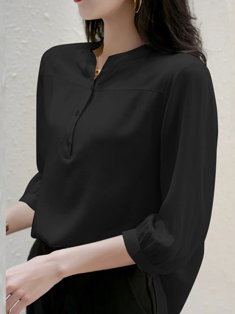 Solid Button 3/4 Sleeve Stand Collar Blouse For Women 12 Solid Button 3/4 Sleeve Stand Collar Blouse For Women - Image 12