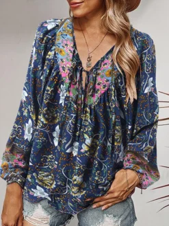 Women Allover Floral Print V-Neck Bohemian Long Sleeve Blouse