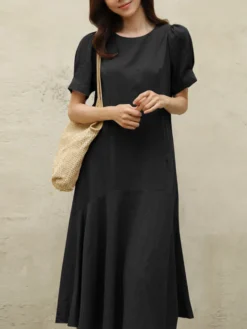 Cotton Solid Ruffle Short Sleeve Round Neck Casual Midi Dress -Zanzea Shop f7d723f4 afd3 4280 8708 897aae9cfb88