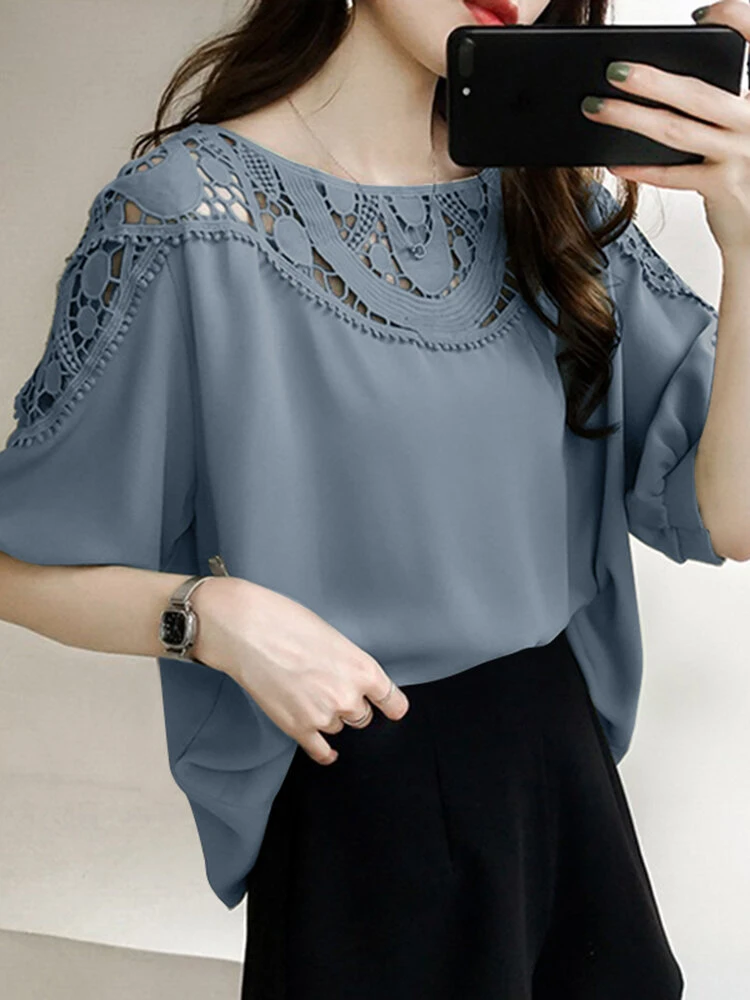 Women Hollow Stitch Half Sleeve Crew Neck Blouse 7 Women Hollow Stitch Half Sleeve Crew Neck Blouse - Image 7