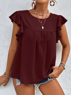 Women Solid Texture Crew Neck Ruffle Sleeveless Blouse -Zanzea Shop f7febc2c d72b 4ec0 973f d0e667371c0d