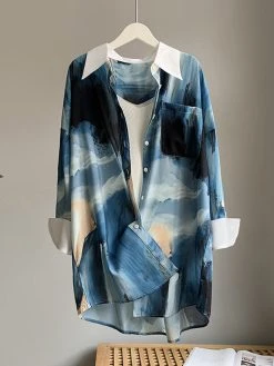 Ink Print Long Sleeve Pocket Button Front Lapel Shirt