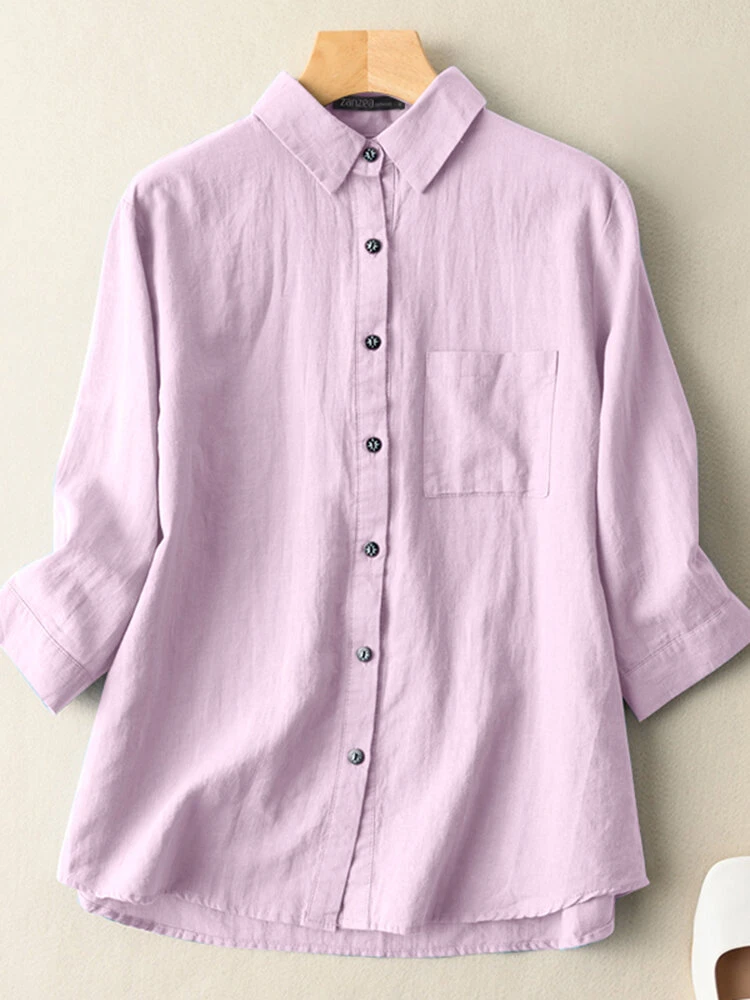Solid 3/4 Sleeve Pocket Button Front Lapel Shirt 5 Solid 3/4 Sleeve Pocket Button Front Lapel Shirt - Image 5