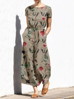 Plant Print Pocket Sash Round Neck Short Sleeve Jumpsuit -Zanzea Shop f820a719 f4df 44dc 9a91 9fcca34e1a44