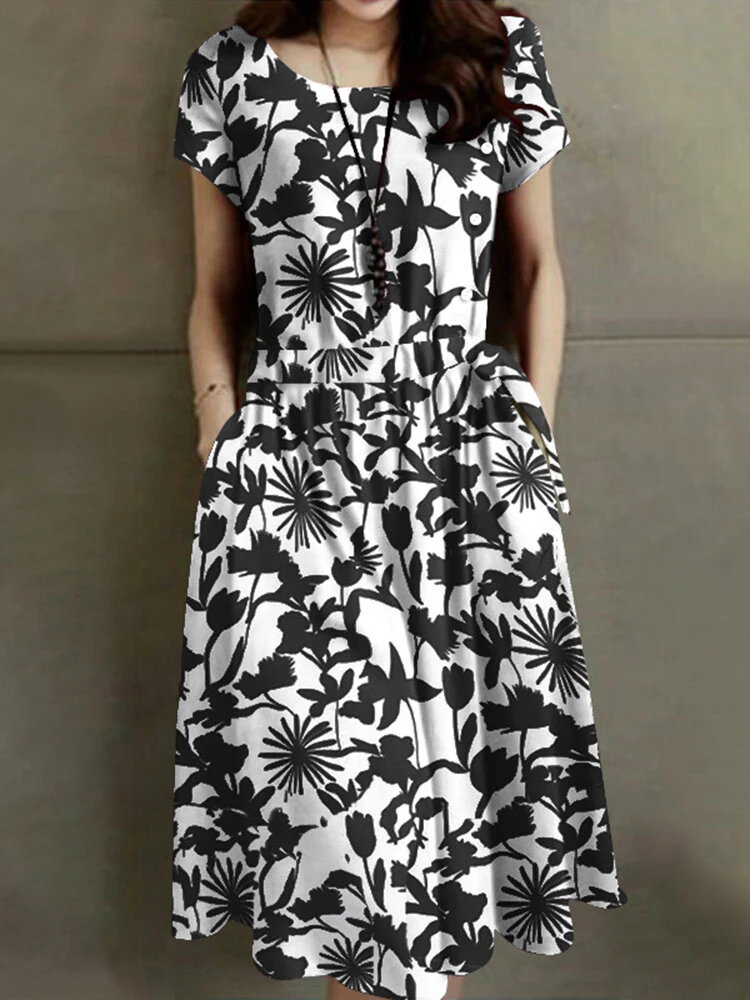 Flower Print Drawstring Pocket Short Sleeve Midi Dress 7 Flower Print Drawstring Pocket Short Sleeve Midi Dress - Image 7