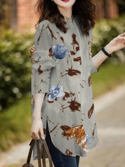 Plants Print Slit Curved Hem Long Sleeve Stand Collar Blouse