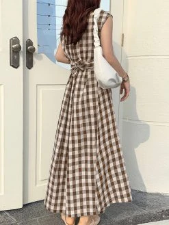 Check Print Button V-neck Short Sleeve Belt Maxi Dress -Zanzea Shop f8768667 1117 46be 9c62 05bb8469c2b4