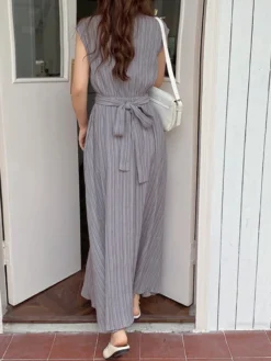 Textured Stand Collar Sleeveless Maxi Dress With Belt -Zanzea Shop f8768f33 7c3a 40aa 8ffd c36544b80e09