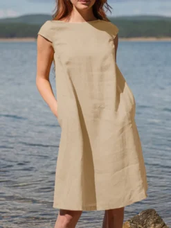 Women Solid Short Sleeve Pocket Crew Neck Dress -Zanzea Shop f8774628 992e 4c07 8d55 295e04f1dbf6