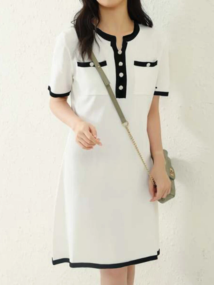Contrast Pocket Short Sleeve Notch Neck Casual Dress 3 Contrast Pocket Short Sleeve Notch Neck Casual Dress - Image 3