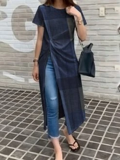 Plaid Split Twist Round Neck Short Sleeve Casual T-Shirt