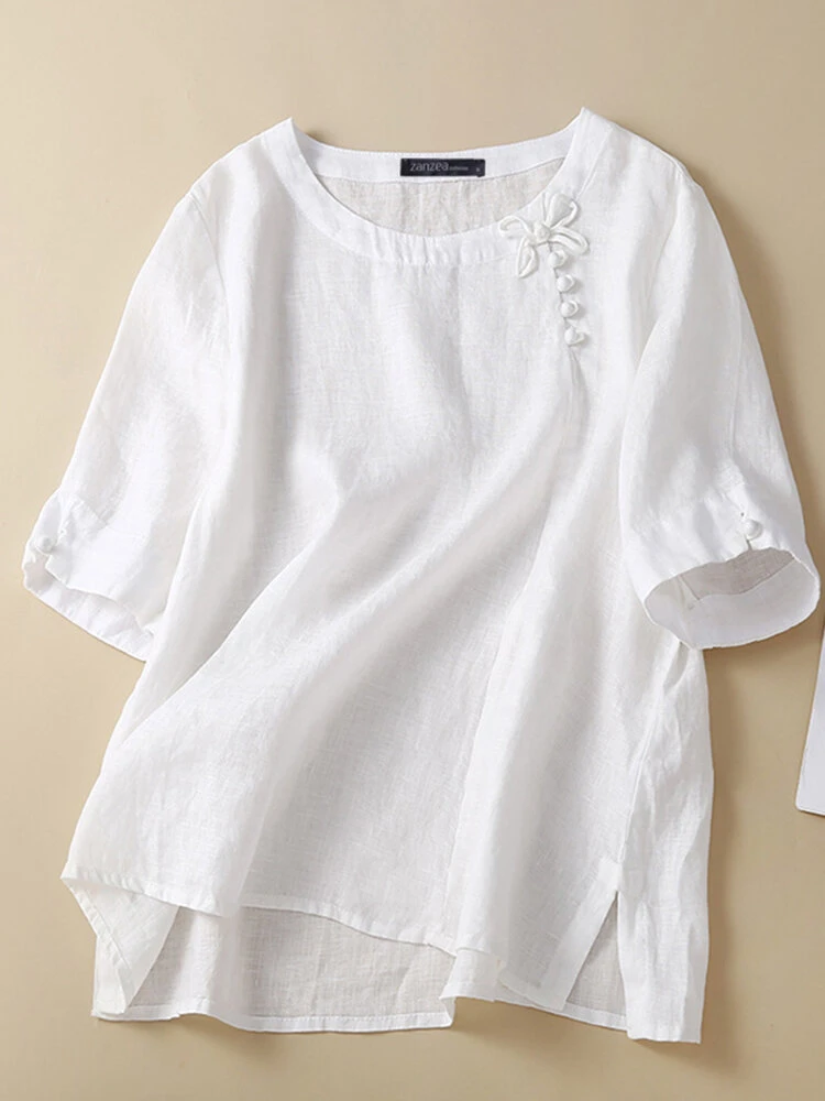 Women Solid Bowknot Button Detail Side Split Blouse 1 Women Solid Bowknot Button Detail Side Split Blouse