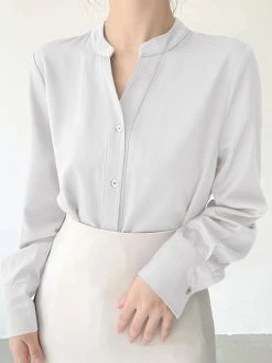 Solid Satin Long Sleeve Button Stand Collar Blouse -Zanzea Shop f8d56105 1412 4ae4 93bf c511b26f47fe