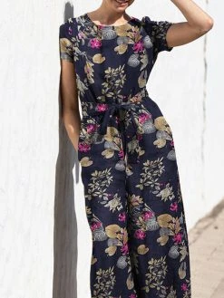 Plant Print Pocket Sash Round Neck Short Sleeve Cotton Jumpsuit -Zanzea Shop f8d94a4d febf 4abf 9e45 9aa79f4972ad