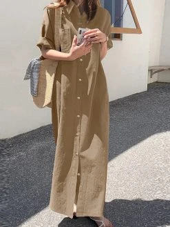 Solid Slit Pocket Button Front Lapel Maxi Shirt Dress -Zanzea Shop f8edda9f 1786 4030 9c1a 2cf11a1e3e5a