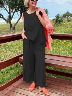 Women Solid Crew Neck Sleeveless Wide Leg Pants Co-ords -Zanzea Shop f8ffaeae fe6a 4e92 a244 61ee5614e81c
