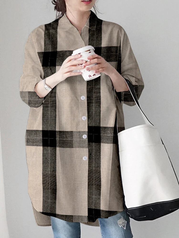 Check Pattern Loose Button Front Lapel Long Sleeve Shirt 5 Check Pattern Loose Button Front Lapel Long Sleeve Shirt - Image 5