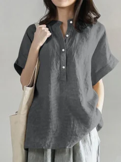 Solid Button Stand Collar Short Sleeve Loose Casual Blouse -Zanzea Shop f95f95fb 26b0 422b a164 9012dd6fe33b