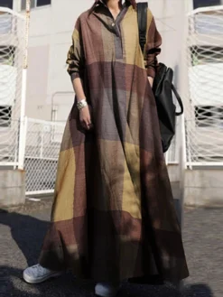 Plaid Print Lapel Long Sleeve Button Plus Size Maxi Dress With Pockets
