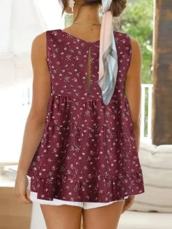 Calico Ruffle Round Neck Sleeveless Casual Cotton Blouse -Zanzea Shop f988cafd 2982 45b8 b0b4 e14778573ac0