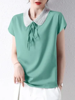 Women Bead Lapel Tie Casual Short Sleeve Blouse -Zanzea Shop f9b9c61b 18f1 4ae7 87bf 817a46c7902e