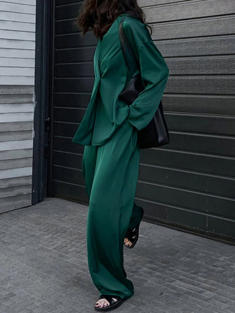 Solid Satin Long Sleeve Pocket Wide Leg Two Pieces Suit 4 Solid Satin Long Sleeve Pocket Wide Leg Two Pieces Suit - Image 4