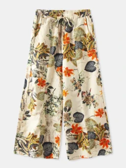 Floral Print Drawstring Wide Leg Plus Size Pants For Women