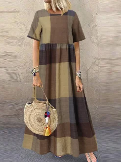 Women Plaid Pattern Crew Neck Short Sleeve Dress -Zanzea Shop fa1776c9 40f0 466b 8db4 50983b5e8e42